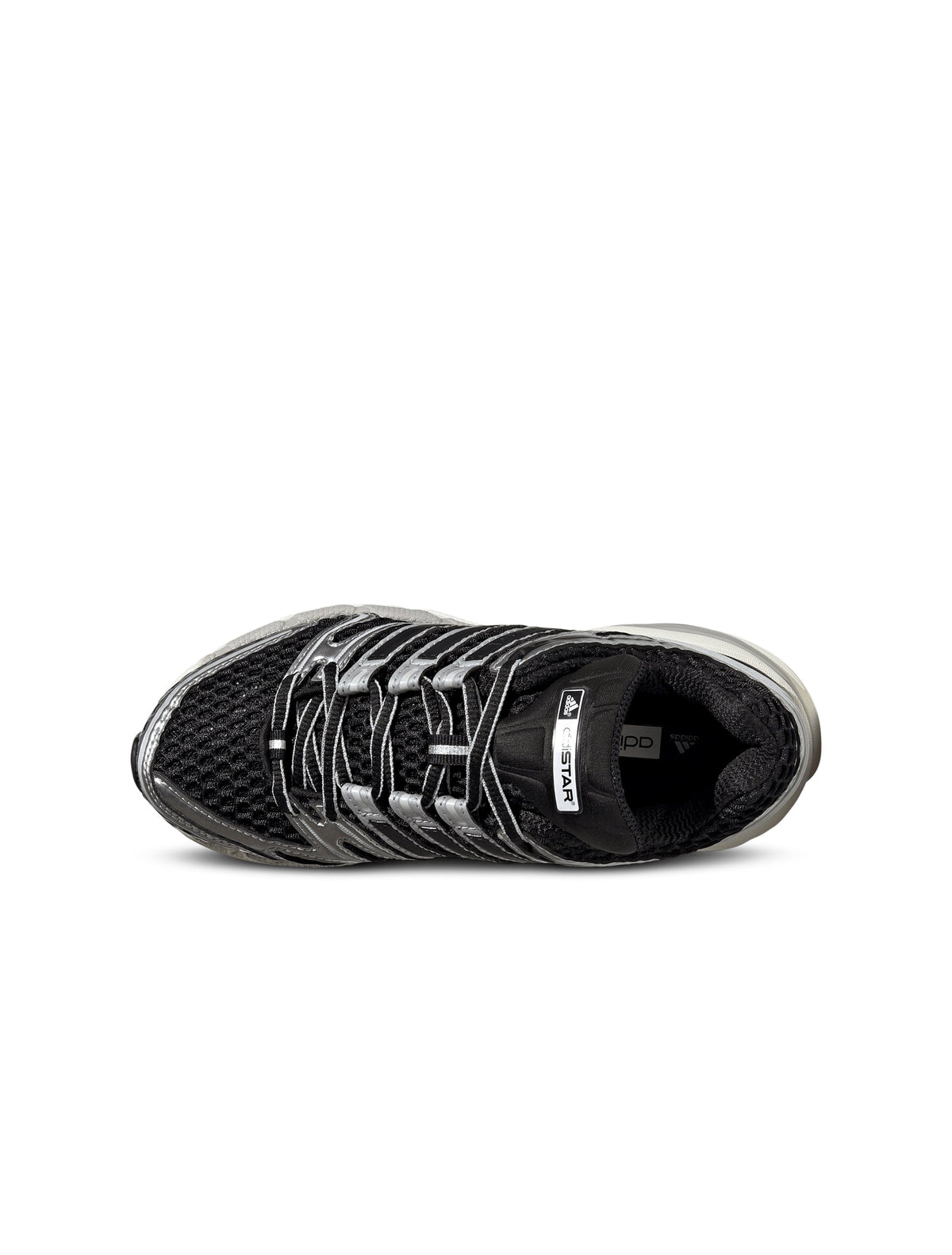 Black and silver Adidas Big Kids Adistar Control 5 gradeschool sneakers shown from a top portrait view.