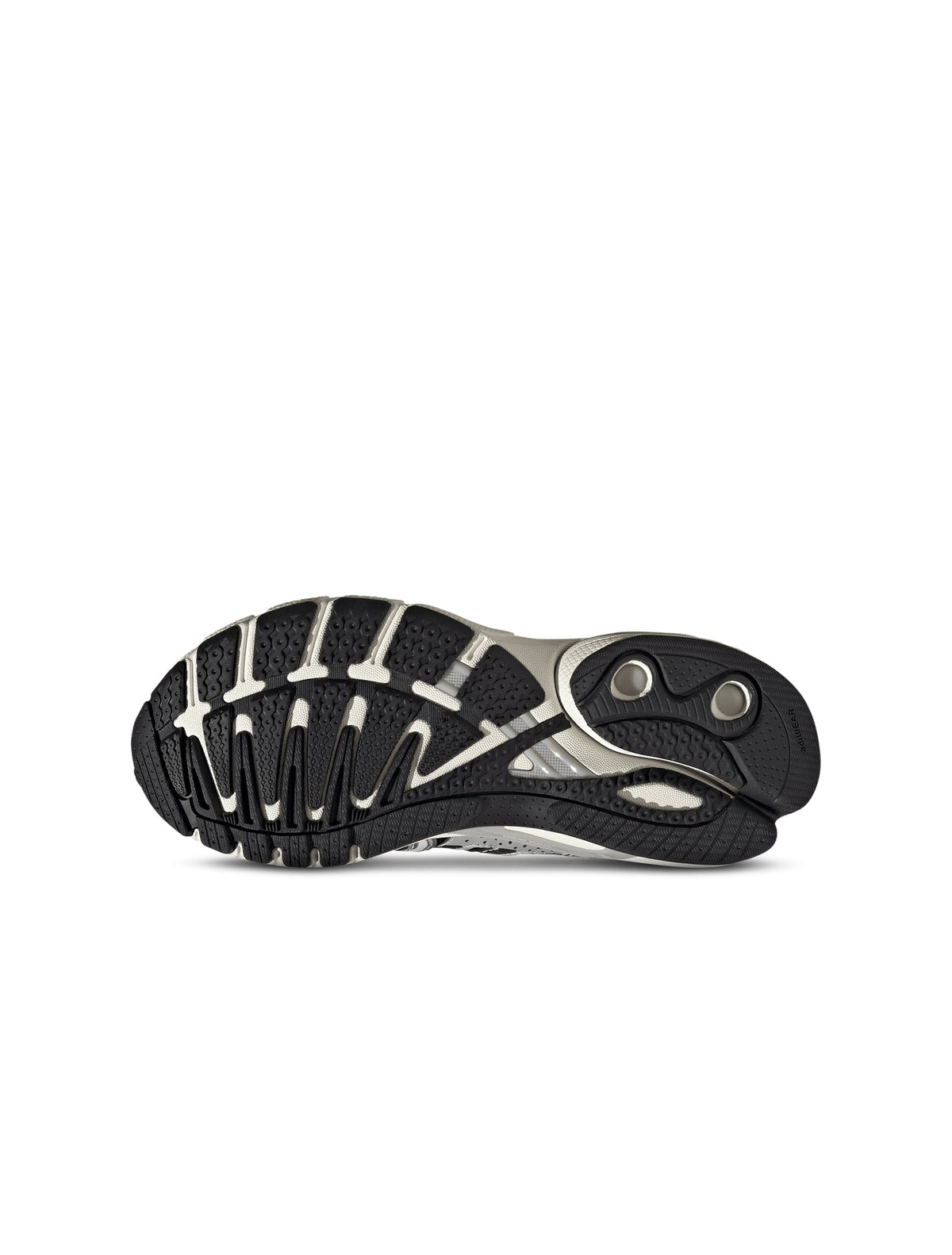 Black and silver Adidas Big Kids Adistar Control 5 gradeschool sneakers shown from the bottom view