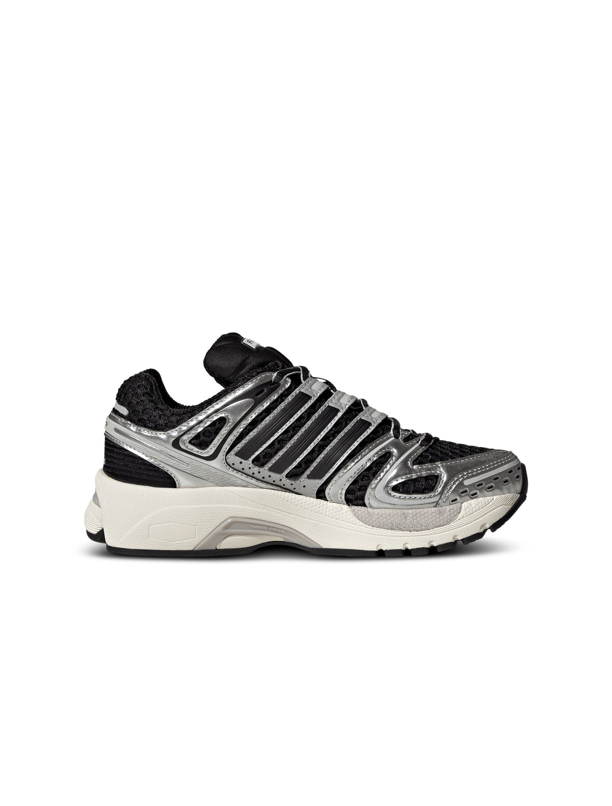 Black and silver Adidas Big Kids Adistar Control 5 gradeschool athletic footwear, side medial center view.