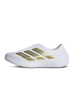 Adidas men's Purechill white and gold athletic footwear, side view showing sleek design and comfortable fit.