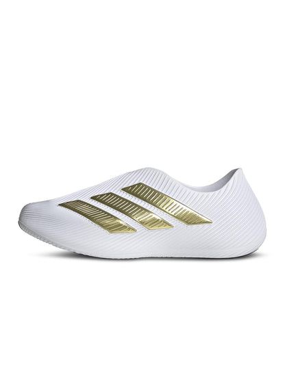 Adidas men's Purechill white and gold athletic footwear, side view showing sleek design and comfortable fit.