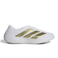 Men's Adidas Purechill footwear in white and gold, side view showing sleek design and stylish color accents.