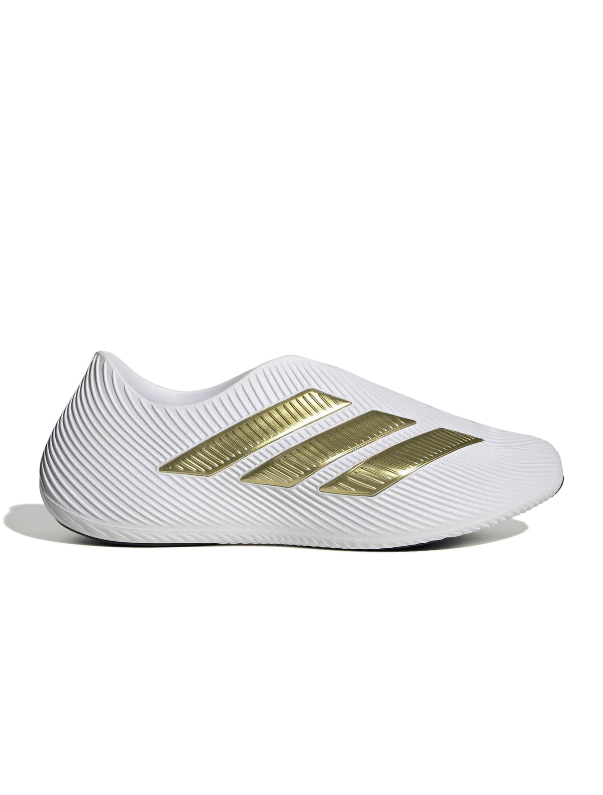 Men's Adidas Purechill footwear in white and gold, side view showing sleek design and stylish color accents.
