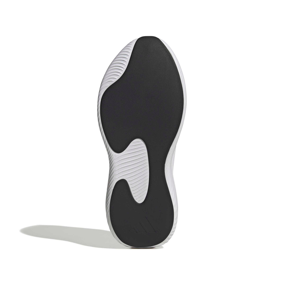White and gold Adidas men's Purechill footwear shown from the bottom view, featuring a sleek design and textured sole.