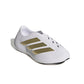 Adidas men's Purechill white and gold footwear, front, lateral, and top view showing sleek design and stylish color accents.
