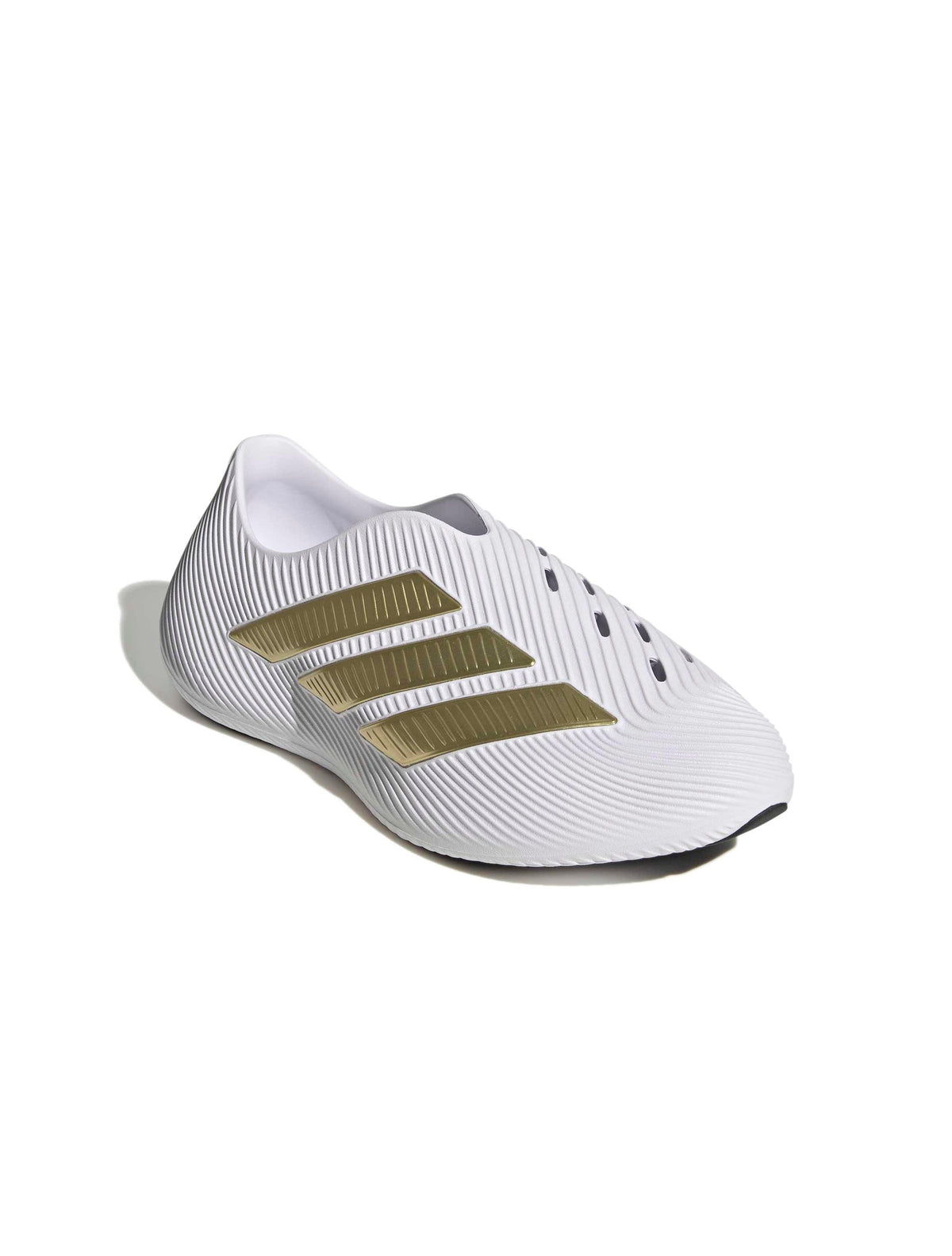 Adidas men's Purechill white and gold footwear, front, lateral, and top view showing sleek design and stylish color accents.