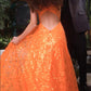 Ladivine KV1076 Floor Length Neon Orange Ball Gown with Feathers