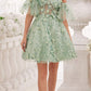 Ladivine KV1089 Short Floral Strapless A-Line Dress with Puff Sleeves
