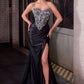 Ladivine KV1142 Sultry Fitted Strapless Crystal Embellished Thigh High Slit Gown