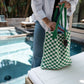 Green Checkered Tote Bag - Washable Cotton Knit with Key Ring