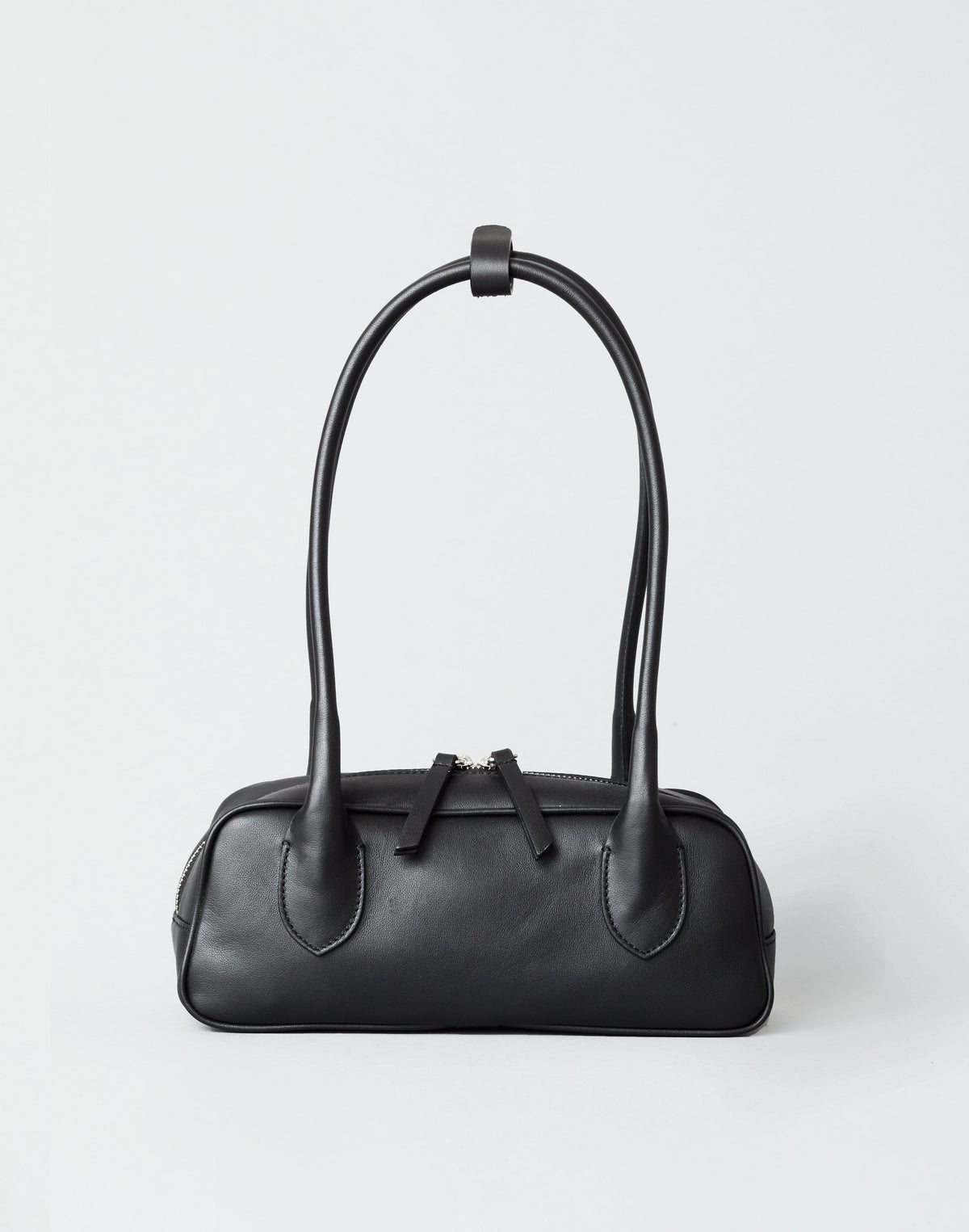 HYER GOODS Mini La Strada East West Shoulder Bag in black with silver accents, showcasing its compact design and stylish details.