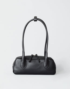 HYER GOODS Mini La Strada East West Shoulder Bag in black with silver accents, showcasing its compact design and stylish details.