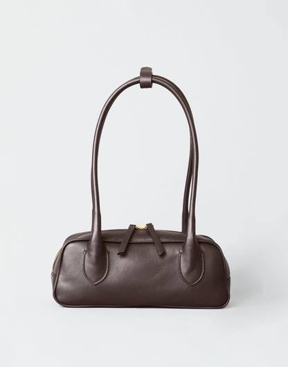 HYER GOODS Mini La Strada East West Shoulder Bag in chocolate gold leather with gold-tone hardware.