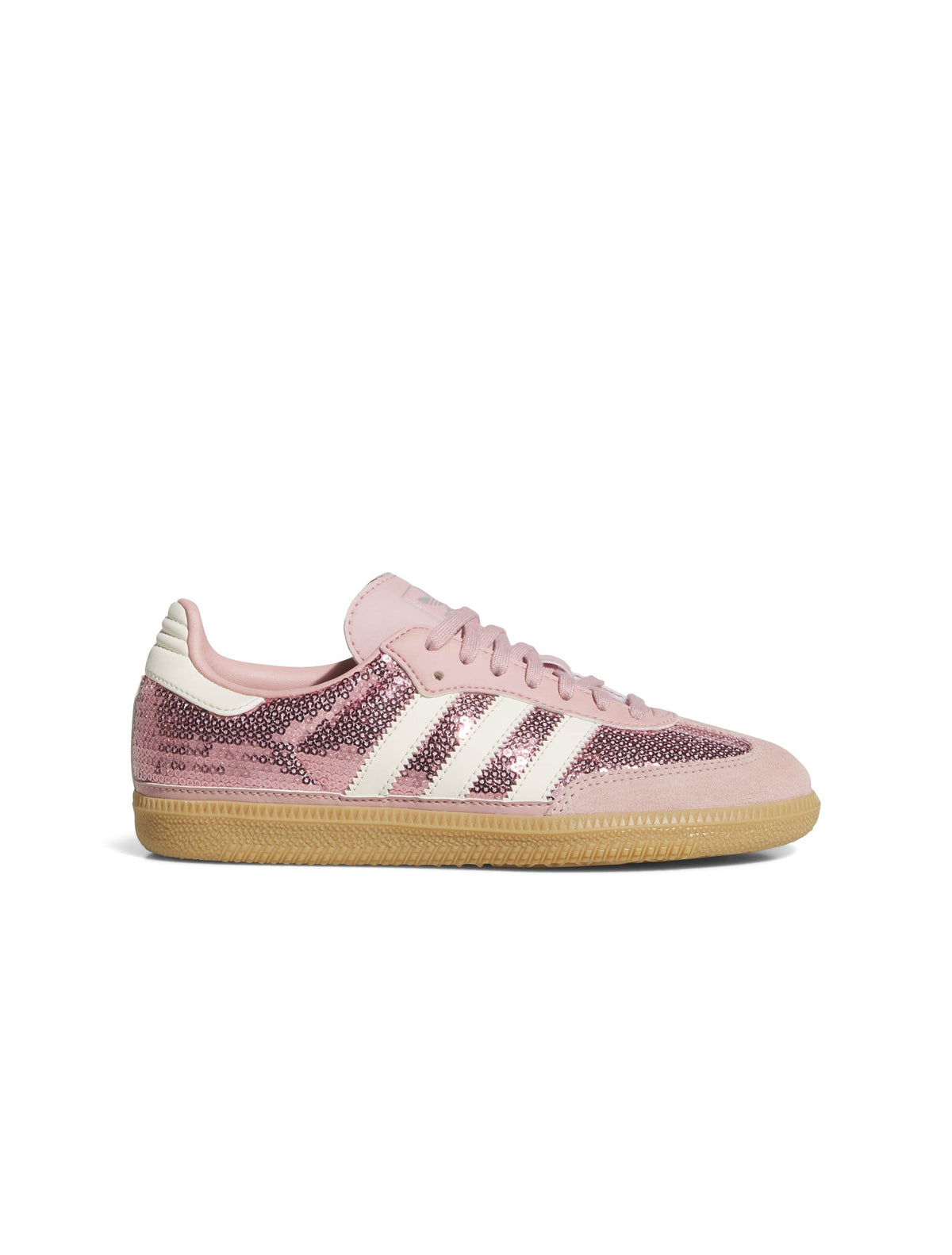 Pink Adidas Womens Samba OG sneakers shown from a side view, featuring white accents and classic design details.