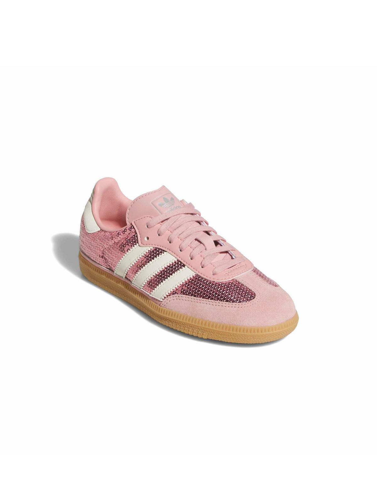 Pink Adidas Womens Samba OG footwear with white accents, front and side view showcasing classic design from Denim Exchange.