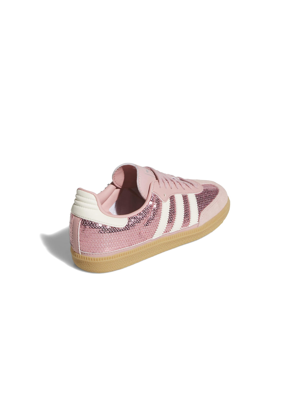 Pink Adidas Womens Samba OG footwear shown from back, lateral, and top views, showcasing the classic design and pink color.