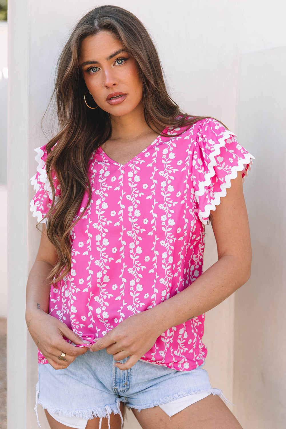 Rayna Floral Ric-rac Tiered Ruffled V Neck Blouse - Farnelli