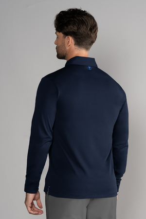 Navy long sleeve solid polo shirt by Twillory, featuring a classic fit and detailed collar, shown from the back.