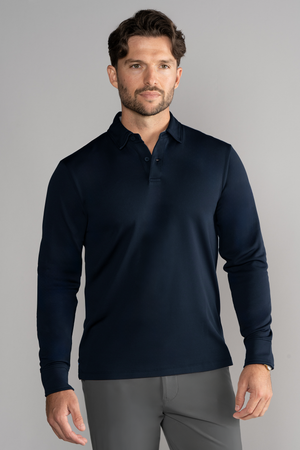 Navy solid long sleeve polo shirt by Twillory, front view showing classic collar and button placket, tailored fit.