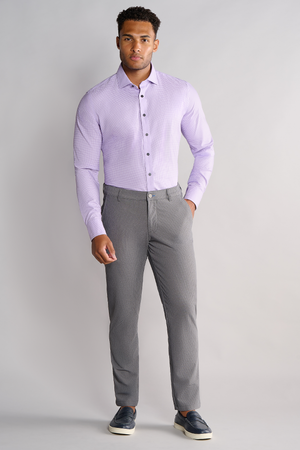 Lavender Twillory Leader Non-Iron Check shirt displayed on a hanger, showcasing its classic pattern and smooth fabric.