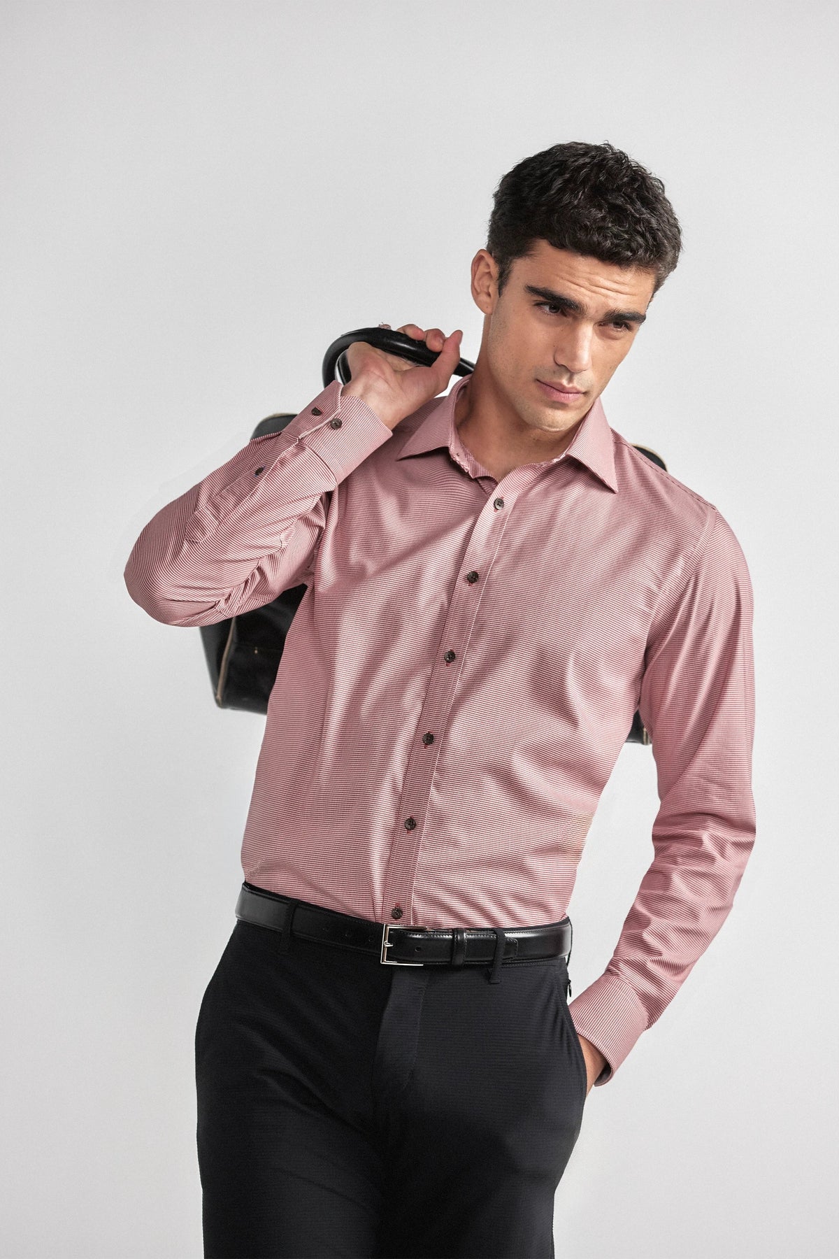 Men's Twillory Leader non-iron houndstooth shirt in brick color, front view showcasing tailored fit and classic pattern.