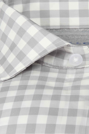 Men's Twillory Leader non-iron gingham shirt in grey and white, showing the classic checkered pattern and tailored fit.