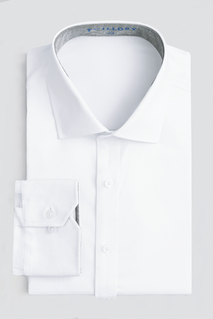White Twillory Leader non-iron solid shirt displayed flat with a classic collar and button front.