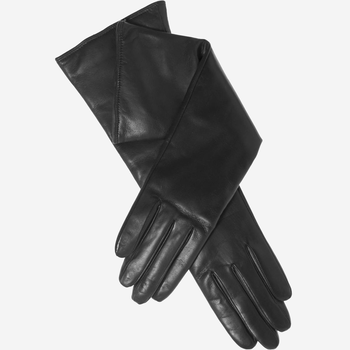 Black Leonora leather opera gloves lined with Italian cashmere, featuring six-button length design for elegant style.