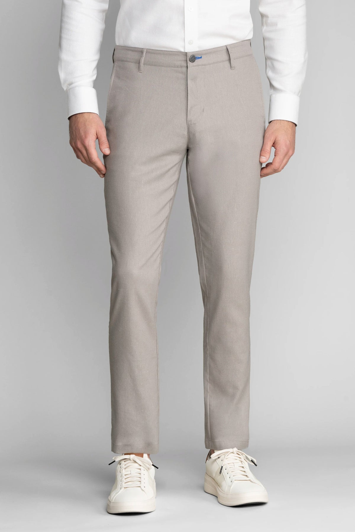 Twillory performance linen pants in ash color, front view showcasing lightweight, breathable fabric and tailored fit.