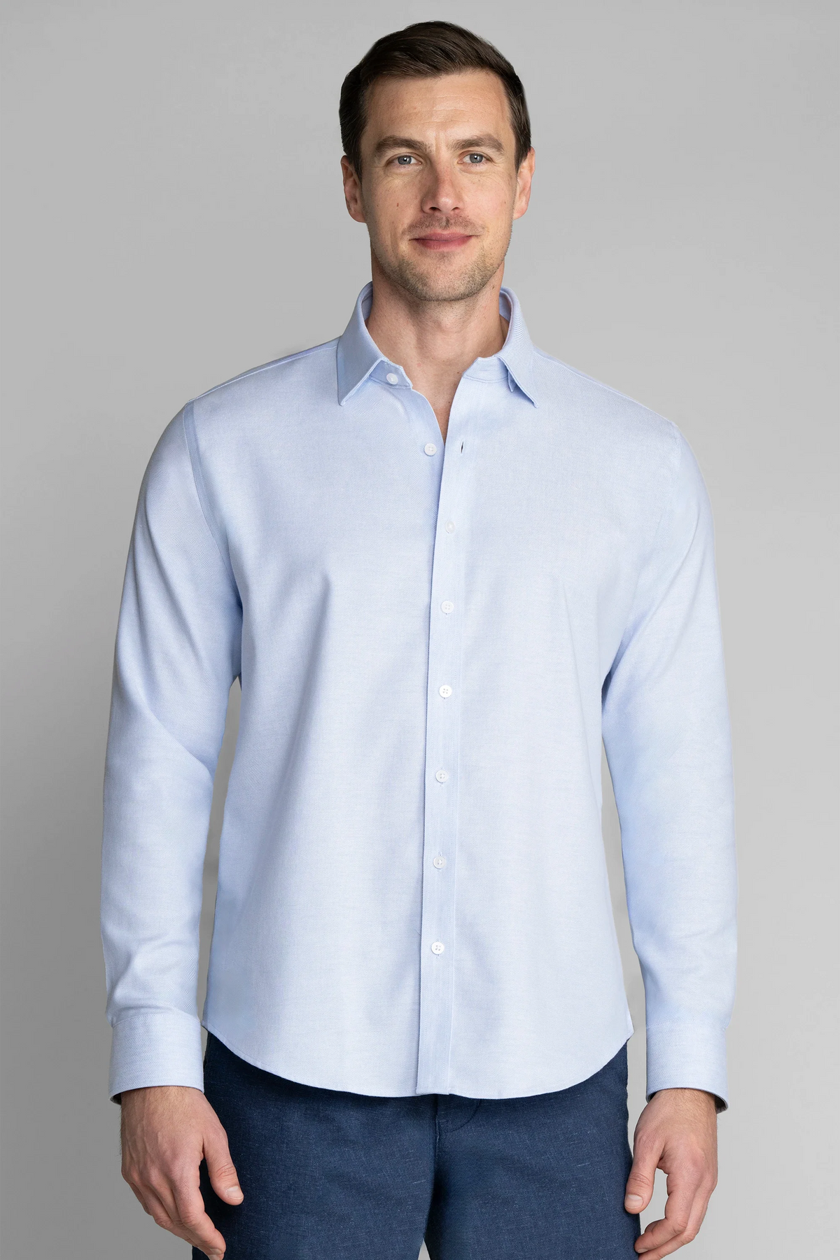 Light blue Twillory Performance Linen Shirt displayed from the front, showcasing its breathable, lightweight fabric and tailored fit.