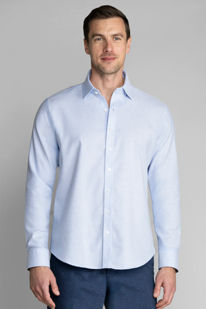 Light blue Twillory Performance Linen Shirt displayed from the front, showcasing its breathable, lightweight fabric and tailored fit.