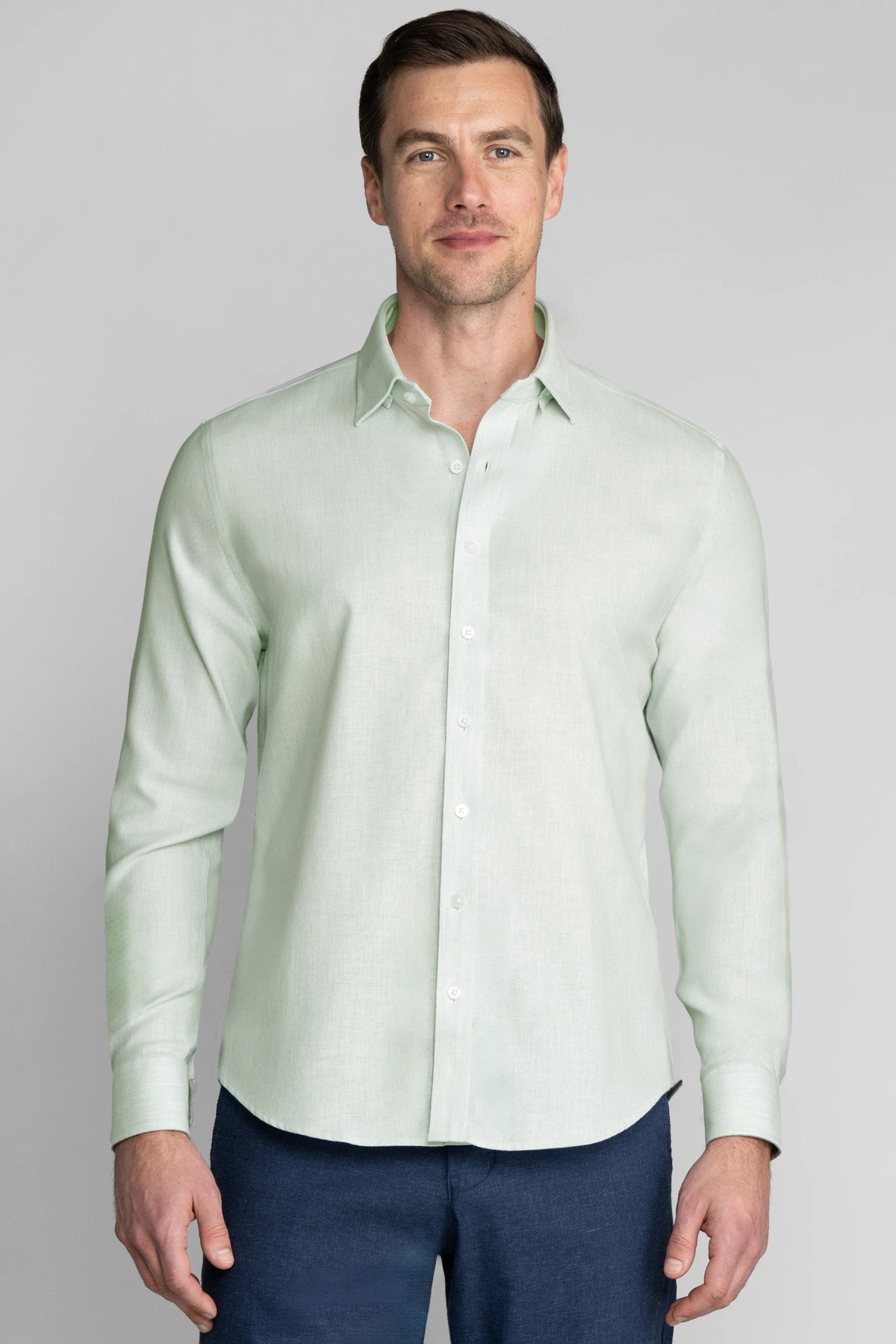 Green Twillory Performance Linen Shirt displayed from the front angle, showcasing lightweight, breathable fabric and tailored fit.