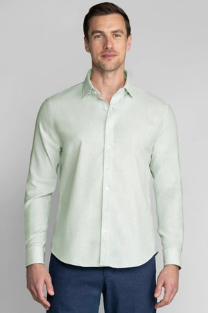 Green Twillory Performance Linen Shirt displayed from the front angle, showcasing lightweight, breathable fabric and tailored fit.