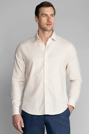 Front view of Twillory men's performance linen shirt in khaki, showcasing lightweight, breathable fabric and tailored fit.