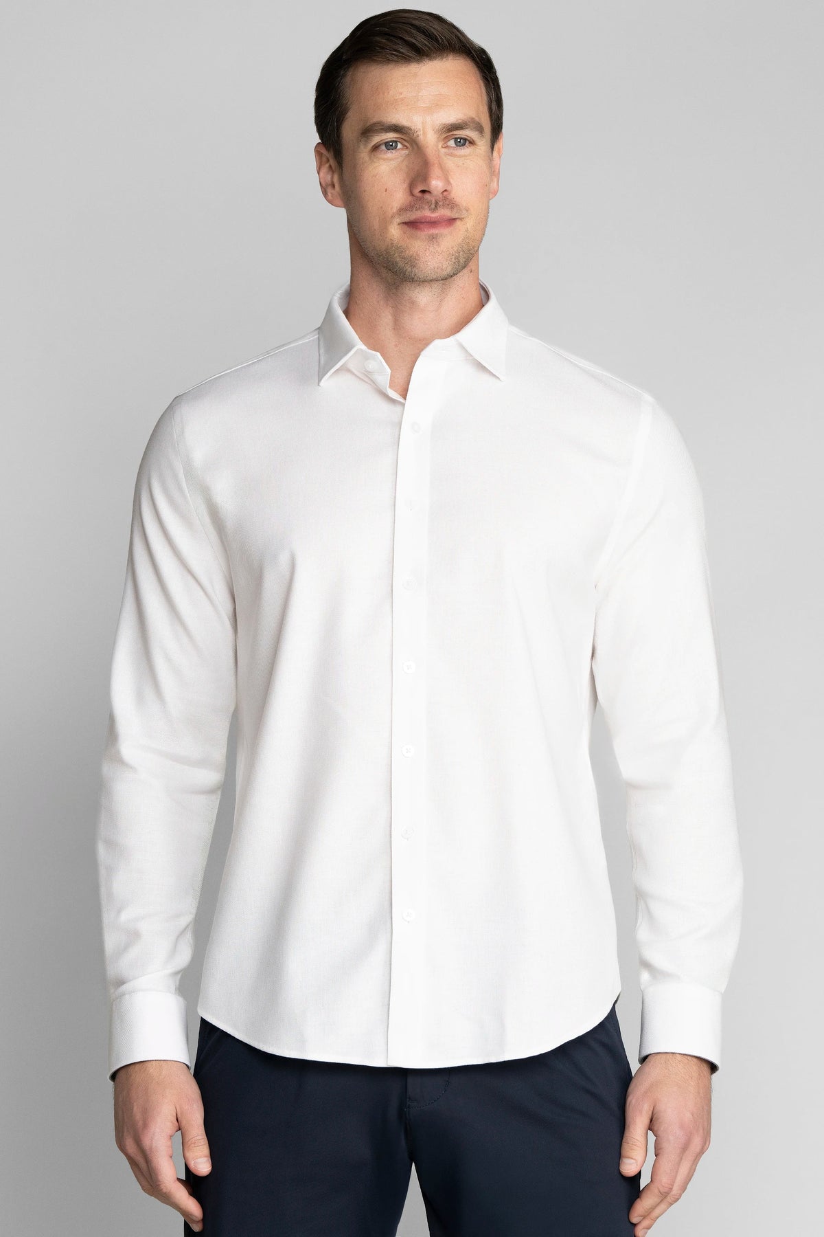 White Twillory Performance Linen Shirt displayed from the front, showcasing lightweight, breathable fabric and tailored fit.
