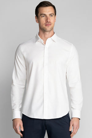 White Twillory Performance Linen Shirt displayed from the front, showcasing lightweight, breathable fabric and tailored fit.