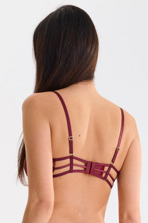 Lisca Adventure Garnet Red open cup bra with lace details, featuring adjustable straps and back closure, by Lavinia.
