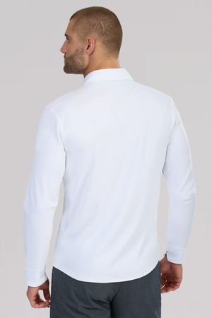 Long sleeve button-down polo shirt by Twillory in white with navy contrast stitching and a classic fit.