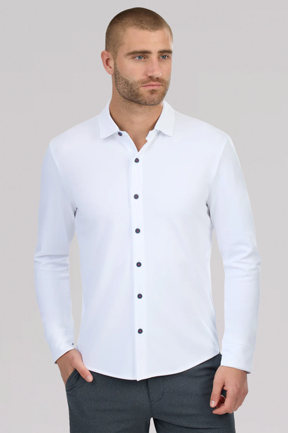 Long Sleeve Button Down Polo Contrast // White Navy Stitch