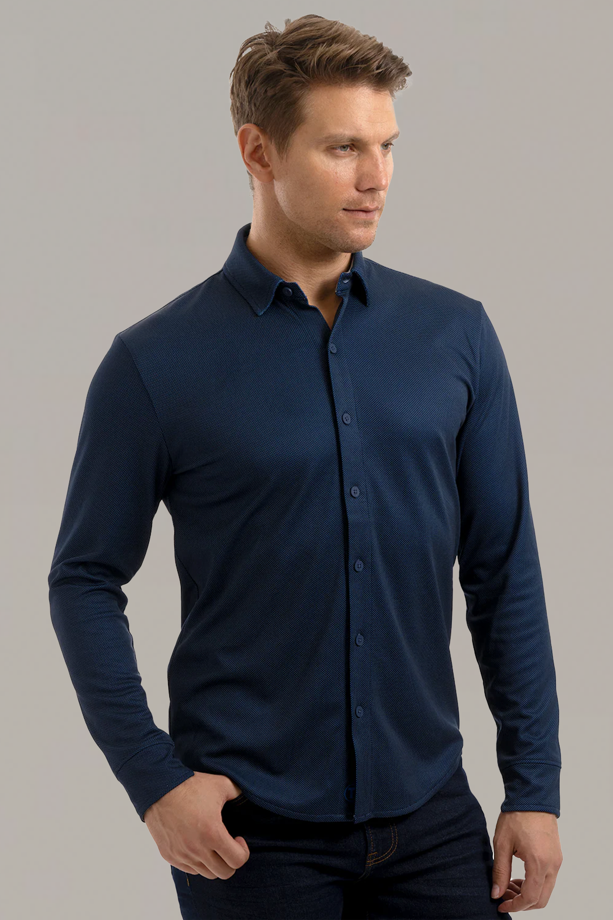 Navy long sleeve button-down polo shirt with dotted pattern by Twillory, casual men's athletic polo with collar and button front.