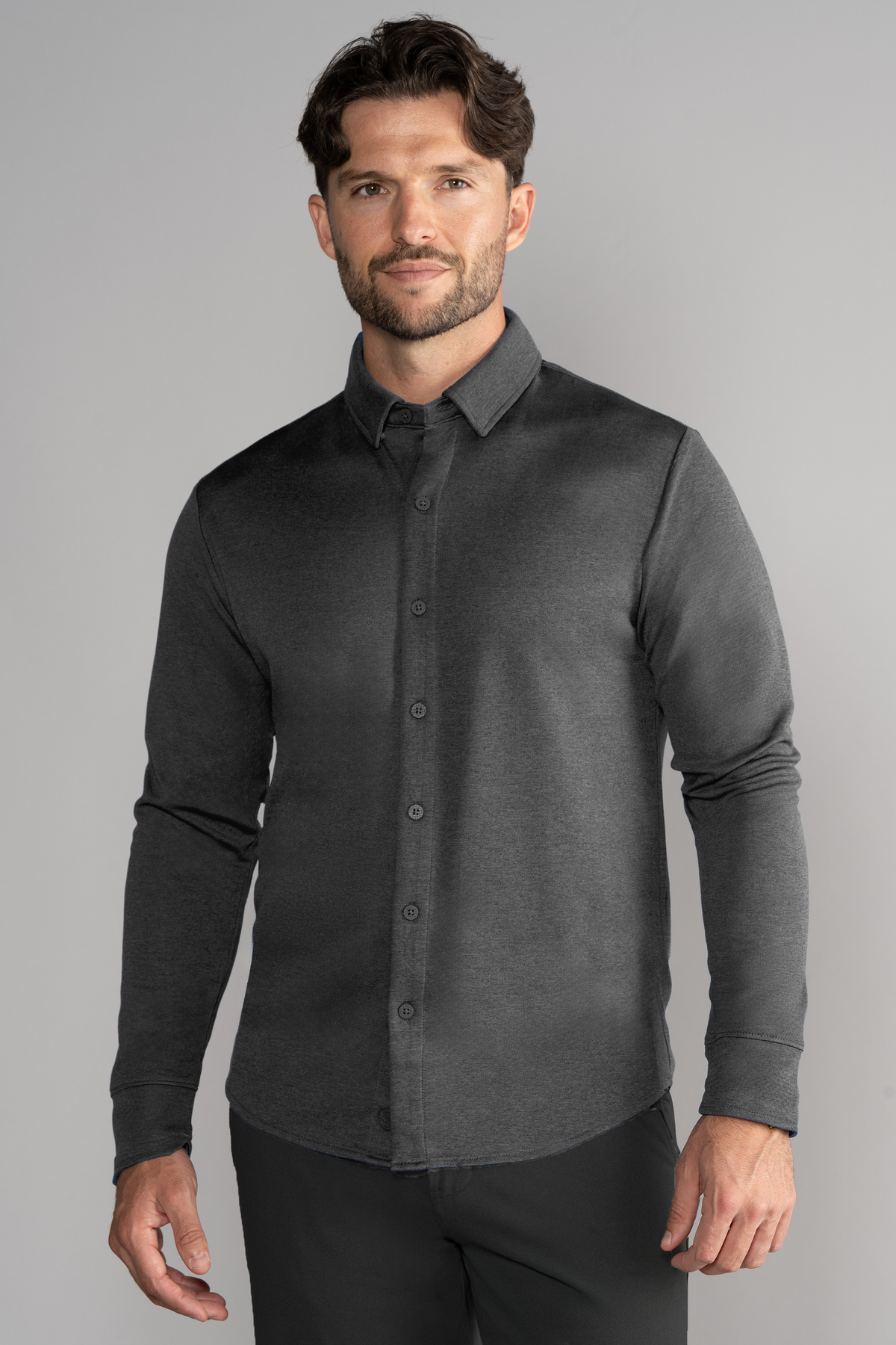 Charcoal long sleeve button-down polo shirt by Twillory, featuring a solid color and classic collar front view.
