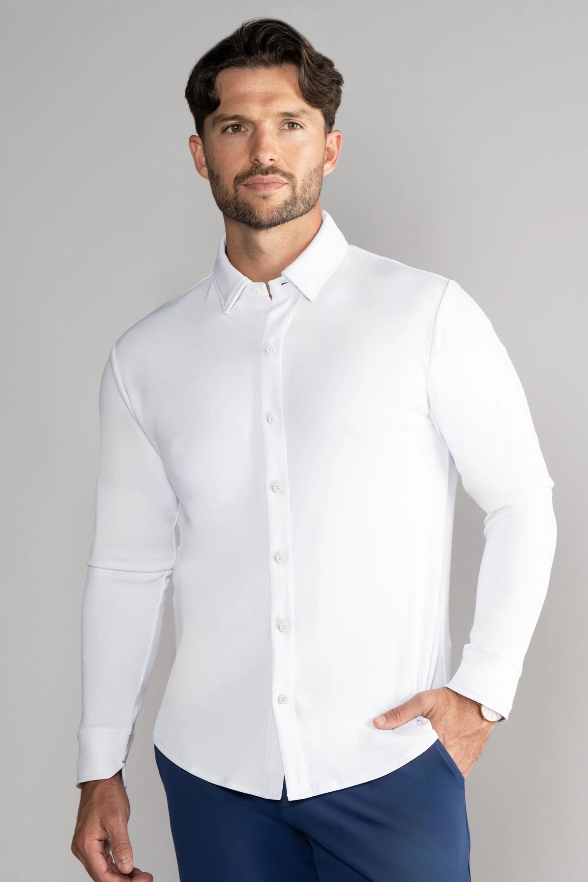 White long sleeve button-down polo shirt by Twillory, featuring a classic solid design and front view.