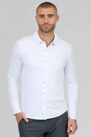 Twillory men's long sleeve button-down polo shirt with contrast details in powder blue and white fabric.