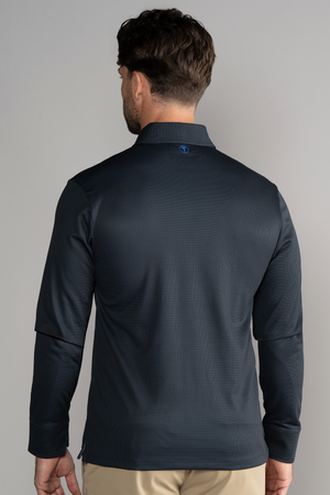 Charcoal long sleeve polo shirt with white polka dots from Twillory's AthlPoloLS collection, shown from the back.