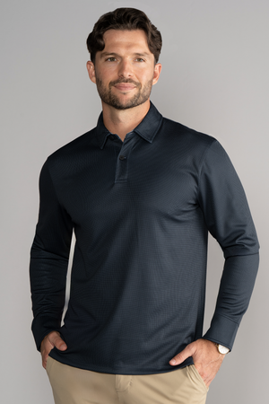 Men's long sleeve charcoal polo shirt with white dot pattern by Twillory, front view.