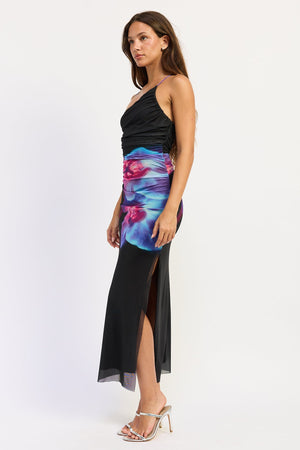 Black floral Emmeline Midi Dress by Emory Park with a fitted bodice and flowing skirt, perfect for elegant occasions.