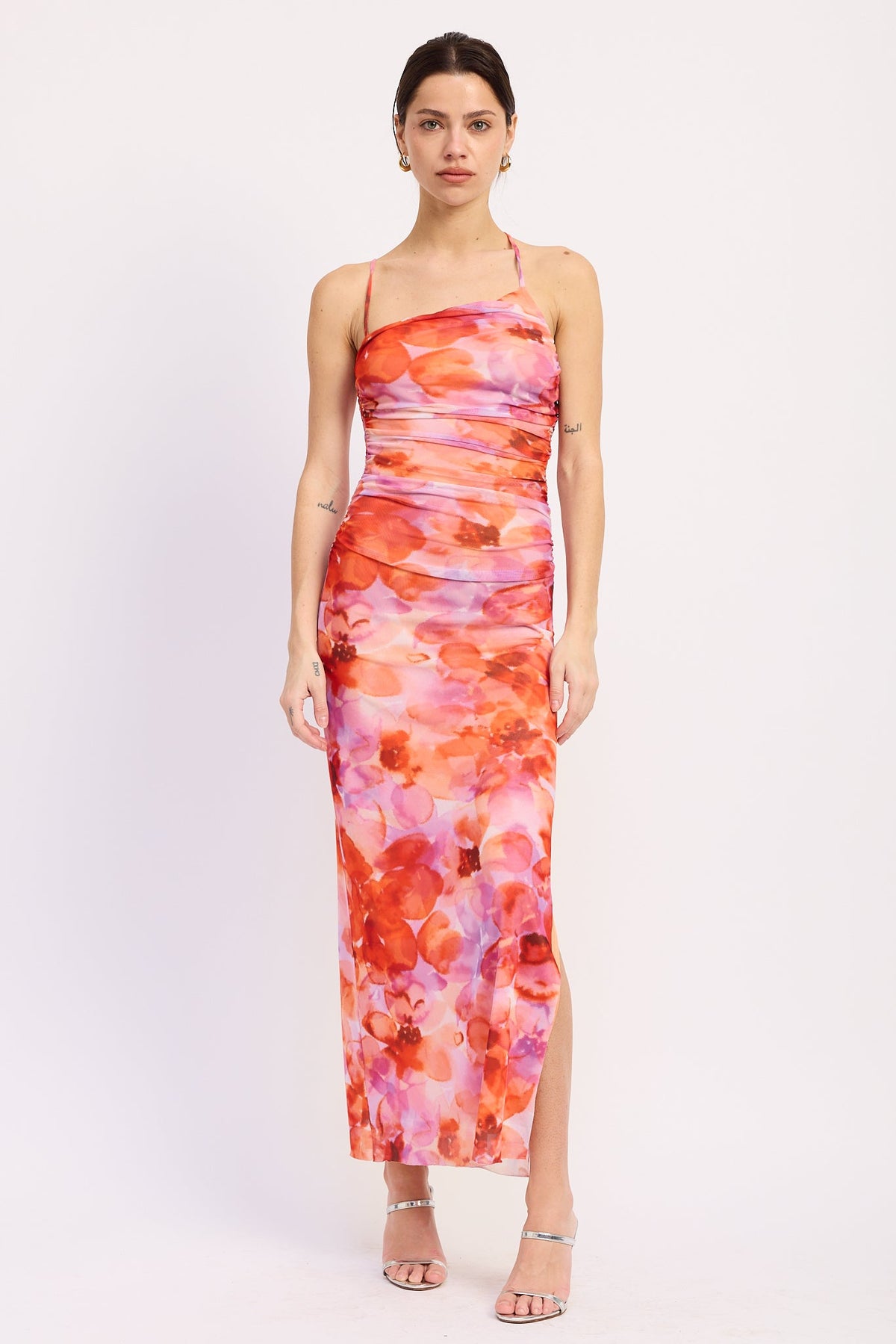 Emory Park Serena midi dress with a colorful floral pattern, flowing fabric, and a fitted waist, perfect for casual or semi-formal wear.
