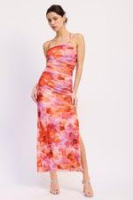 Emory Park Serena midi dress with a vibrant multicolored floral pattern, sleeveless design, and flattering fit.