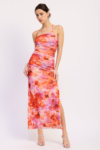 Emory Park Serena midi dress with a vibrant multicolored floral pattern, sleeveless design, and flattering fit.