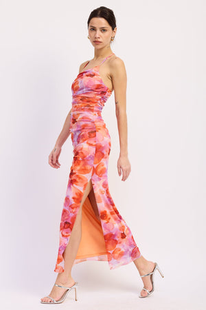 Emory Park Serena midi dress with a vibrant multicolored floral pattern, flowing fabric, and elegant knee-length design.